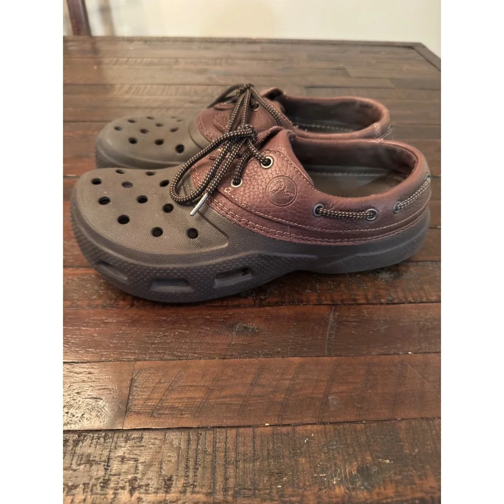 Crocs Yukon Sport Mens 11 Brown Leather Boat Shoes Loafers Clogs 12037